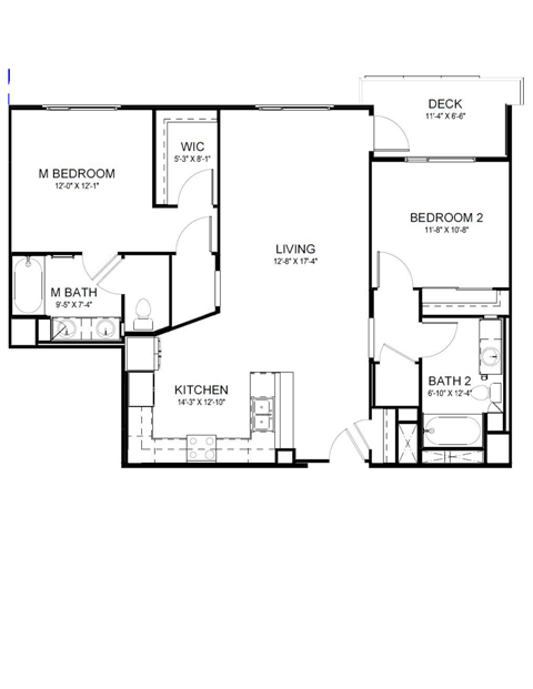 Floor plan for 2 beds, 2 baths, 1185 sqft